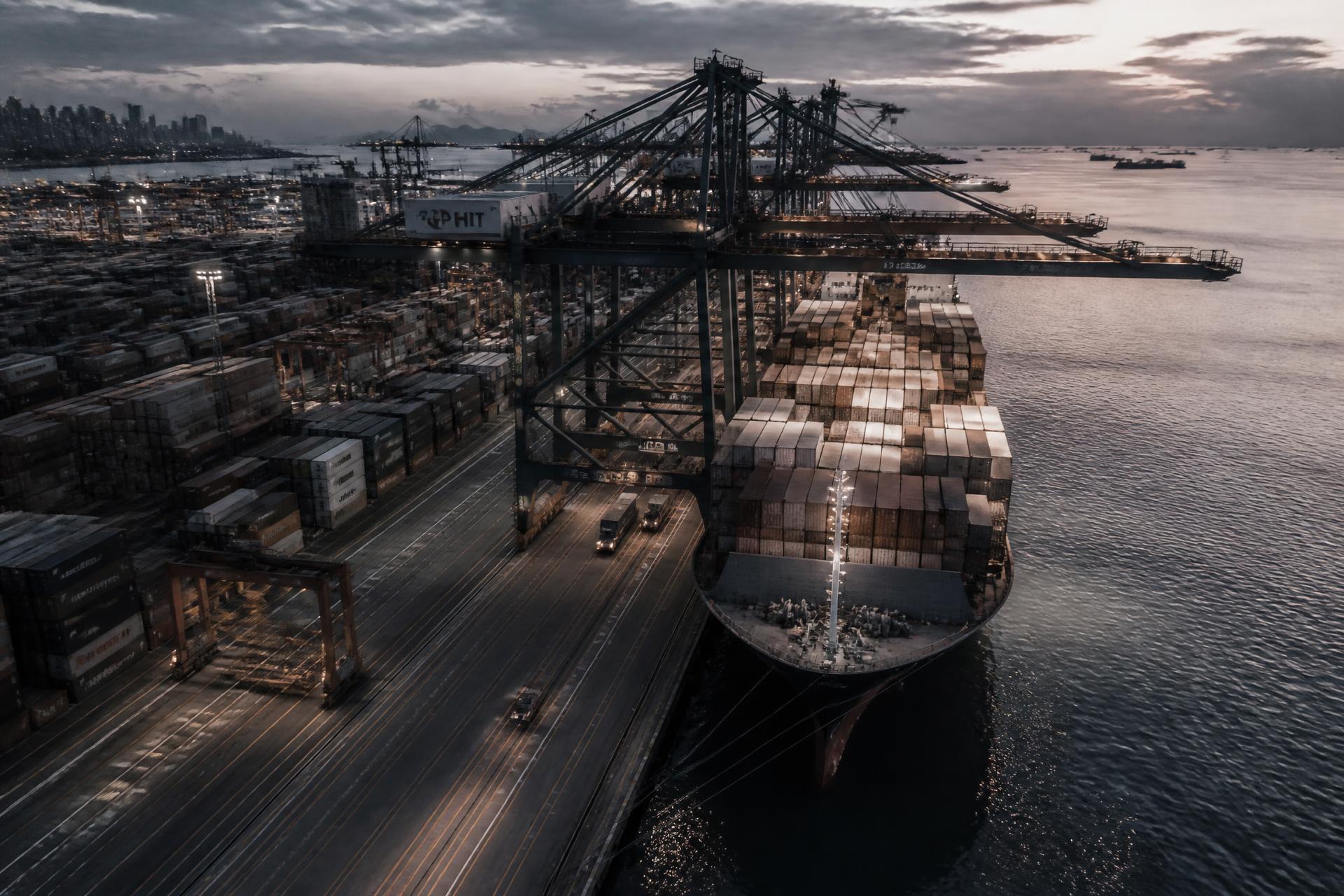 Aerial view of an international container shipping terminal at dusk